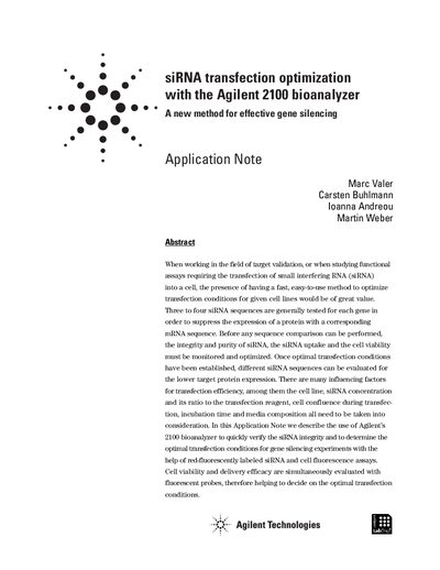 Agilent 2100 bioanalyzer siRNA Transfection Optimization Application Note - cover page