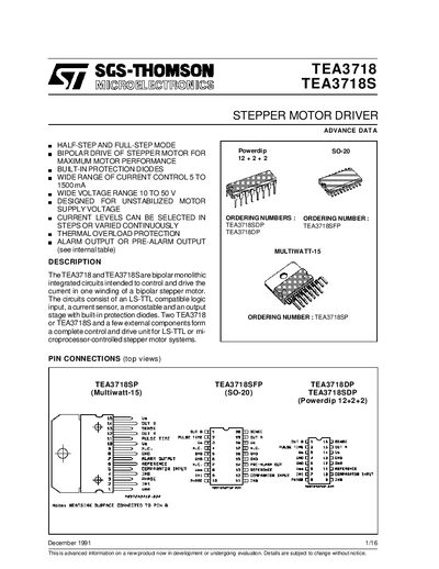 SGS-Thomson TEA3718/TEA3718S Stepper Motor Driver Datasheet - cover page