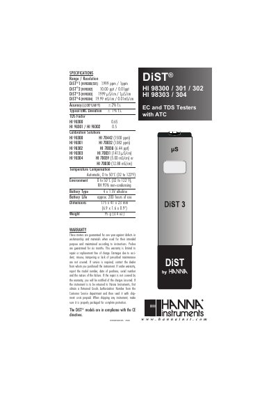 Hanna Instruments HI 98300/301/302/303/304 EC and TDS Testers Specifications - cover page
