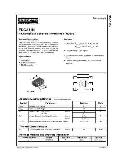 Fairchild FDG311N N-Channel MOSFET Datasheet - cover page