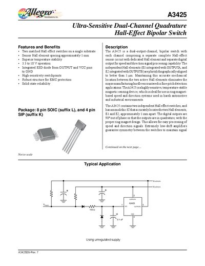 Allegro A3425 Ultra-Sensitive Dual-Channel Quadrature Hall-Effect Bipolar Switch Datasheet - cover page