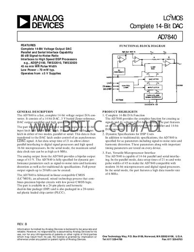 Analog Devices AD7840 14‑Bit DAC Datasheet - cover page