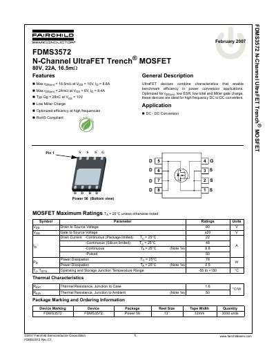 Fairchild FDMS3572 N-Channel UltraFET Trench MOSFET Datasheet - cover page