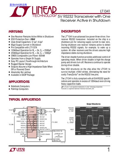 Linear Technology LT1341 RS232 Transceiver Datasheet - cover page