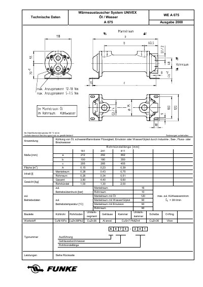 Funke WEA075 Oil/Water Heat Exchanger Technical Data Sheet - cover page