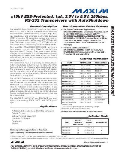 Maxim MAX3221E/MAX3223E/MAX3243E RS-232 Transceiver Datasheet - cover page