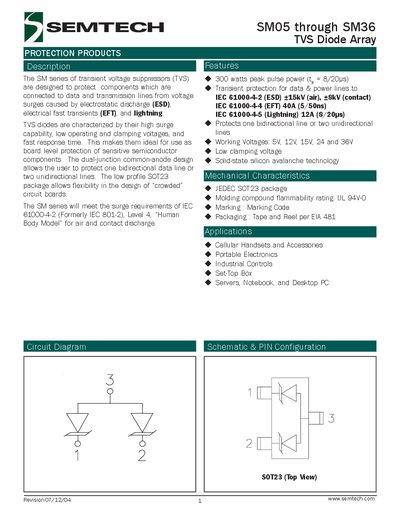 Semtech SM05–SM36 TVS Diode Array Datasheet - cover page