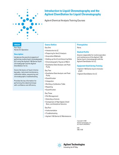 Agilent Introduction to Liquid Chromatography the ChemStation for LC (H5929A) handbook - cover page