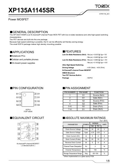 Torex XP135A1145SR Power MOSFET Datasheet