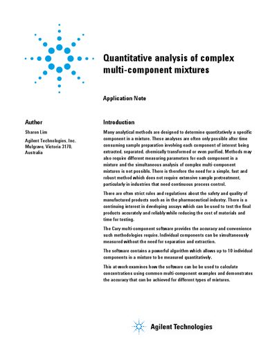 Agilent Cary 1/3 4/5 Multi-Component Analysis Application Note - cover page
