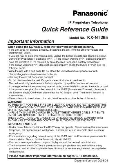 Panasonic KX-NT265 IP Proprietary Telephone Quick Reference Guide - cover page
