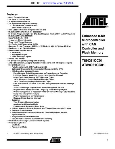 Atmel AT89C51CC01 Datasheet - cover page