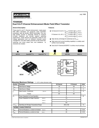 Fairchild FDS8928A Dual N & P-Channel MOSFET Datasheet - cover page