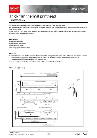 ROHM KD3006-DC92A Thick Film Thermal Printhead Datasheet - cover page
