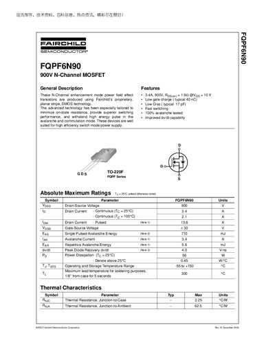Fairchild FQPF6N90 N-Channel MOSFET Datasheet