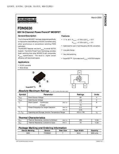 Fairchild FDN5630 60V N-Channel PowerTrench MOSFET Datasheet - cover page