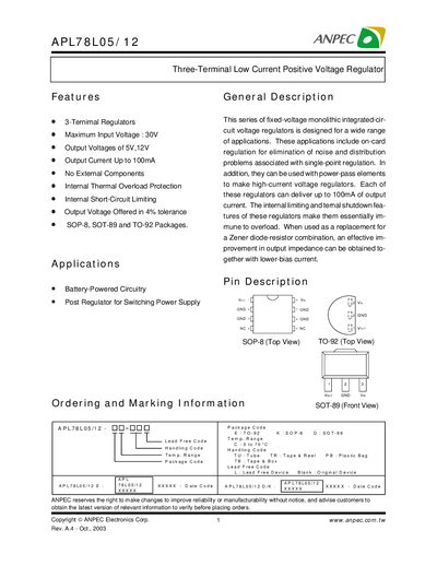 ANPEC APL78L05/12 Voltage Regulator Datasheet - cover page
