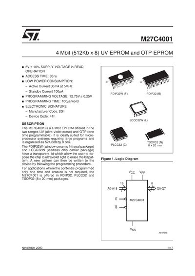 STMicroelectronics M27C4001 4 Mbit UV/OTP EPROM Datasheet - cover page