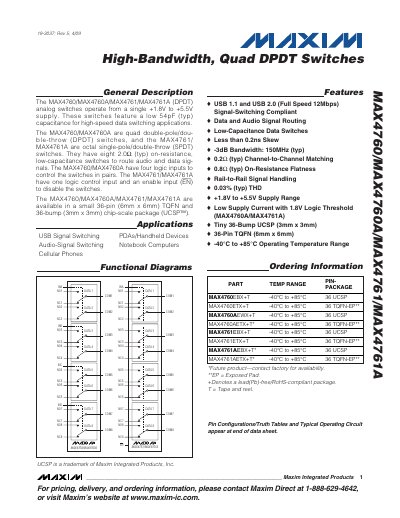 Maxim MAX4760/MAX4760A/MAX4761/MAX4761A High-Bandwidth Quad DPDT Switches Datasheet - cover page