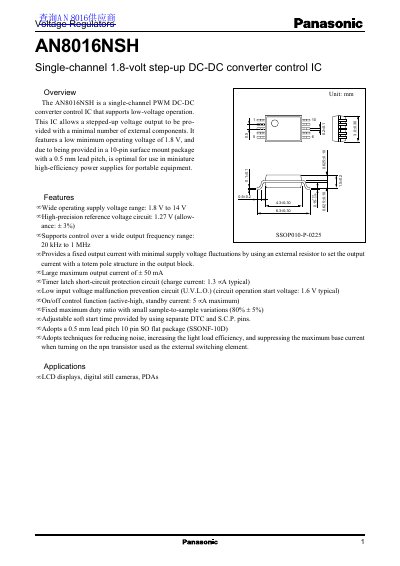 Panasonic AN8016NSH Single-channel 1.8-volt Step-up DC-DC Converter Control IC Datasheet - cover page