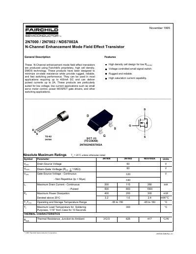 Fairchild 2N7000/2N7002/NDS7002A N-Channel MOSFET Datasheet - cover page