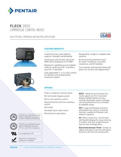 Pentair FLECK 2850 Commercial Control Valve Valve Specifications - cover page