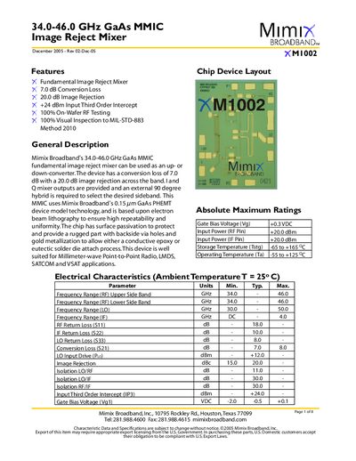 MiMIX 34.0-46.0 GHz GaAs MMIC Image Reject Mixer - cover page