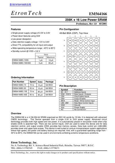Etron Technology EM564166 SRAM Datasheet - cover page