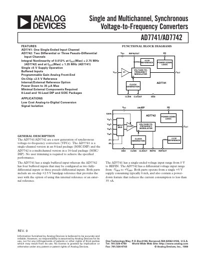 Analog Devices AD7741/AD7742 Voltage‑to‑Frequency Converter Datasheet - cover page