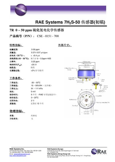 RAE Systems 7H2S-50 Sensor Datasheet - cover page