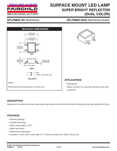 Fairchild Semiconductor QTLP680C-RY Dual Color LED Datasheet - cover page