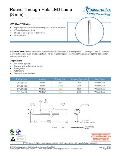 OPTEK OVLBx4C7 Round Through-Hole LED Lamp Datasheet - cover page