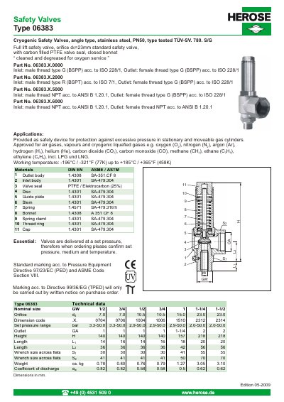 HEROSE Type 06383 Cryogenic Safety Valve Datasheet - cover page
