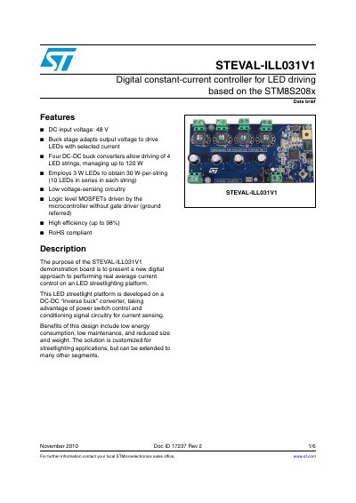 ST STEVAL-ILL031V1 Digital constant-current controller for LED driving based on the STM8S208x handbook
