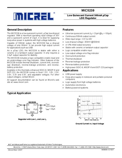 Micrel MIC5239 LDO Regulator Datasheet - cover page