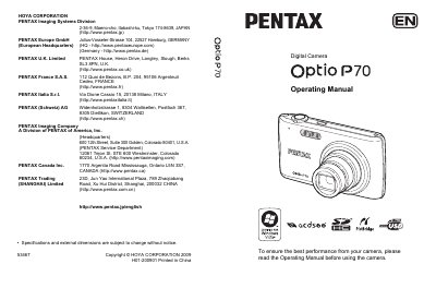 Pentax Optio P70 Digital Camera Operating Manual - cover page