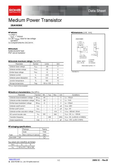 ROHM 2SA1036K Medium Power Transistor Datasheet - cover page