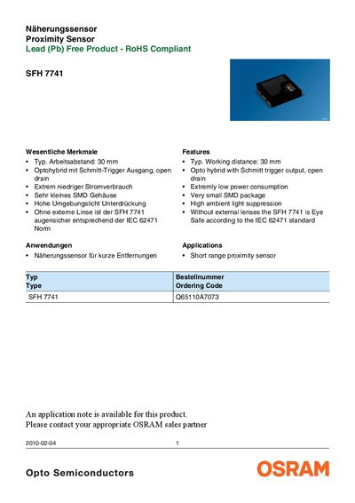 OSRAM SFH 7741 Proximity Sensor Datasheet - cover page