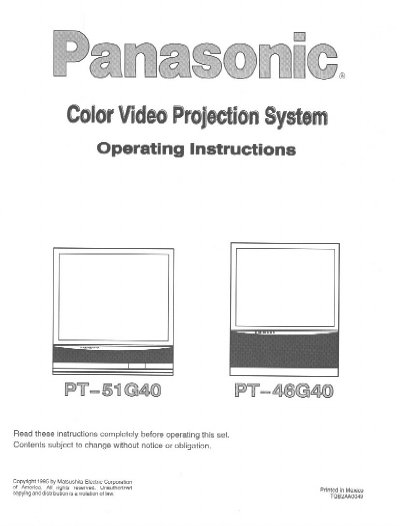 Panasonic PT-51G40U/PT-46G40 Manual - cover page
