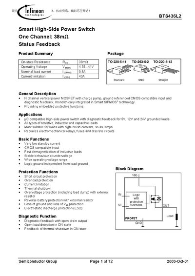 Infineon BTS436L2 Smart High‑Side Power Switch Datasheet - cover page