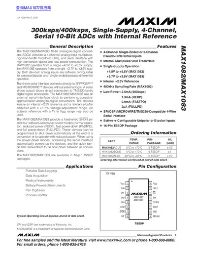 MAXIM MAX1082/MAX1083 300ksps/400ksps Single-Supply 4-Channel Serial 10-Bit ADCs with Internal Reference handbook - cover page