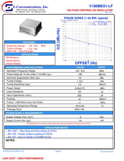 Z-Communications V180ME01-LF Voltage Controlled Oscillator Datasheet - cover page