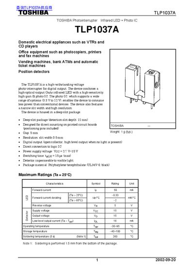 Toshiba TLP1037A Photointerrupter Datasheet - cover page