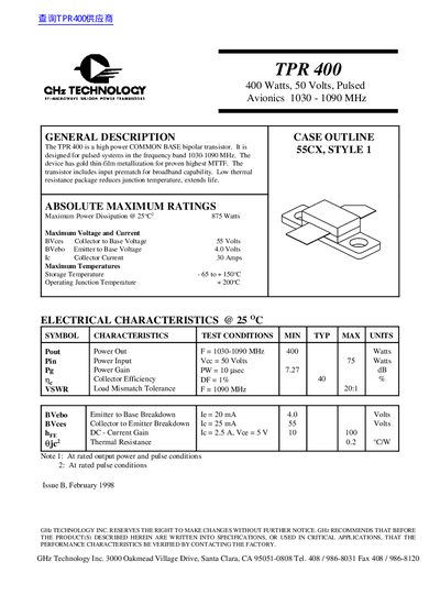CHz TECHNOLOCY TPR 400 400 Watts 50 Volts Pulsed Avionics 1030 - 1090 MHz - cover page