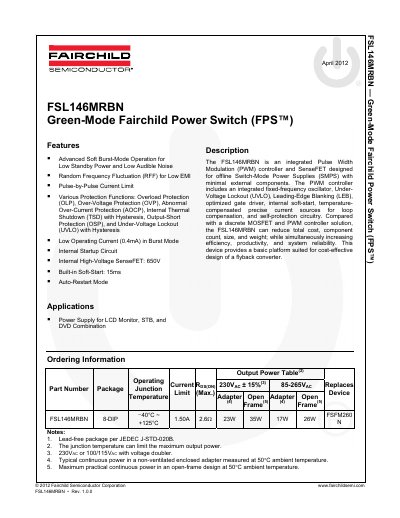 Fairchild FSL146MRBN PWM Controller and SenseFET Datasheet - cover page