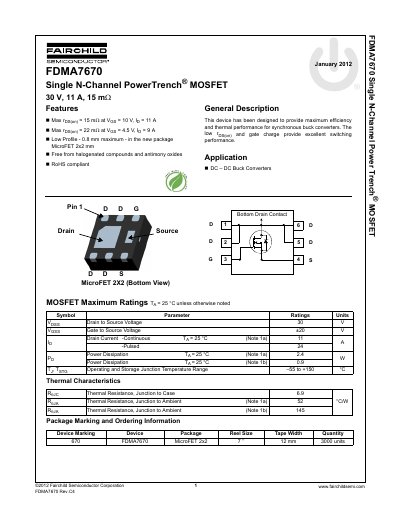 Fairchild FDMA7670 Single N-Channel PowerTrench MOSFET Datasheet - cover page