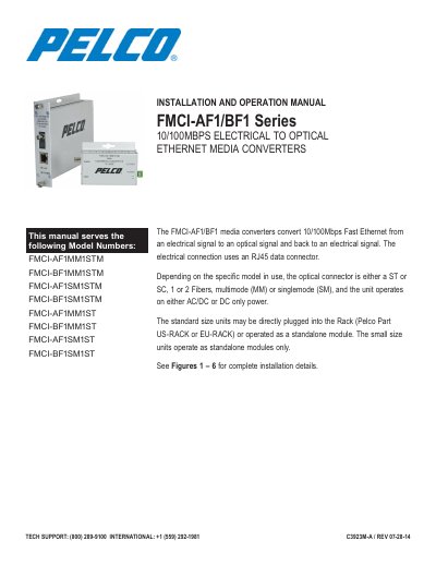 FMCI-AF1/BF1 Series 10/100MBPS Electrical to Optical Ethernet Media Converters Installation and Operation Manual - cover page