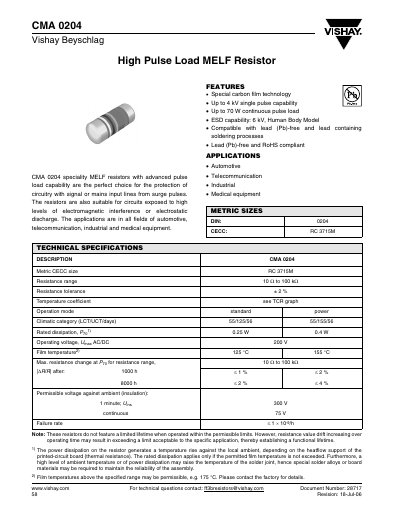 Vishay CMA 0204 High Pulse Load MELF Resistor Datasheet - cover page