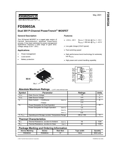 Fairchild FDS9953A Dual P-Channel MOSFET Datasheet - cover page