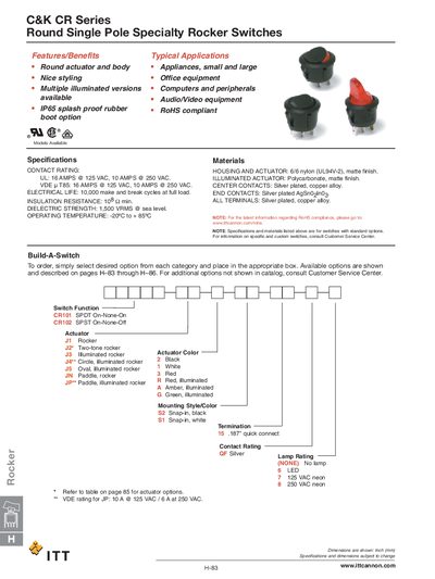 ITT C&K CR Series Round Single Pole Specialty Rocker Switches Product Leaflet - cover page